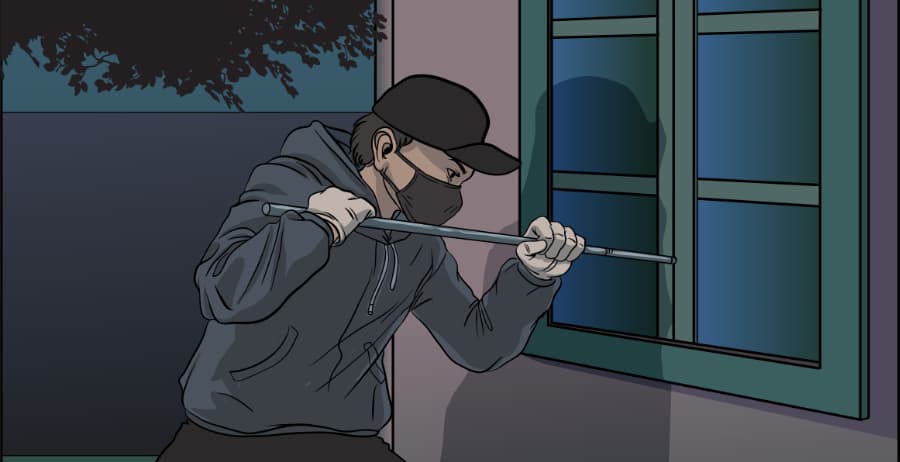 Illustration of burglar forcing entry through a window in Sugarland